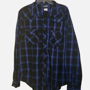 Wrangler Western Shirt Mens Large Black Blue Stripe Snap Front Pearl Buttons